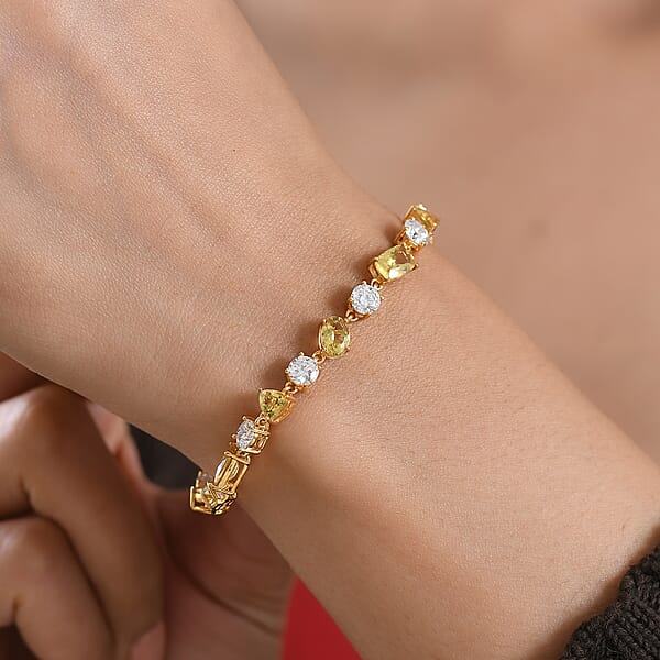 D'Joy Premium Golden Apatite And Moissanite 13.90 Ctw Sunlit Lightplay Bracelet In 18K Vermeil Yellow Gold Over Sterling Silver (7.25 In)