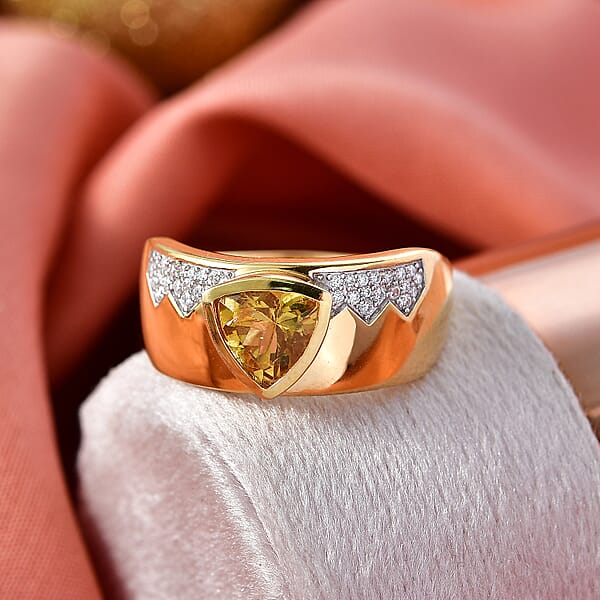 D'Joy Premium Golden Apatite And Moissanite 2.00 Ctw Men's Ring In 18K Vermeil Yellow Gold Over Sterling Silver