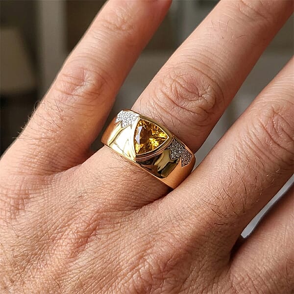 D'Joy Premium Golden Apatite And Moissanite 2.00 Ctw Men's Ring In 18K Vermeil Yellow Gold Over Sterling Silver