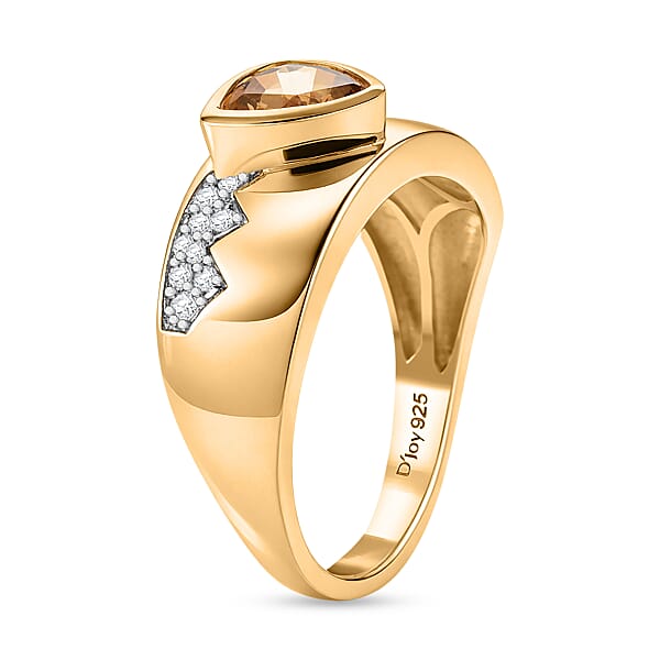 D'Joy Premium Golden Apatite And Moissanite 2.00 Ctw Men's Ring In 18K Vermeil Yellow Gold Over Sterling Silver