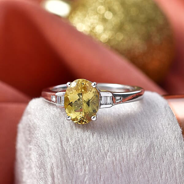 D'Joy Premium Golden Apatite And Moissanite 2.15 Ctw Lightframe Ring In Rhodium Over Sterling Silver