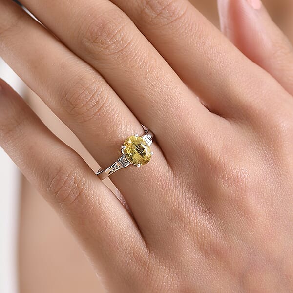 D'Joy Premium Golden Apatite And Moissanite 2.15 Ctw Lightframe Ring In Rhodium Over Sterling Silver