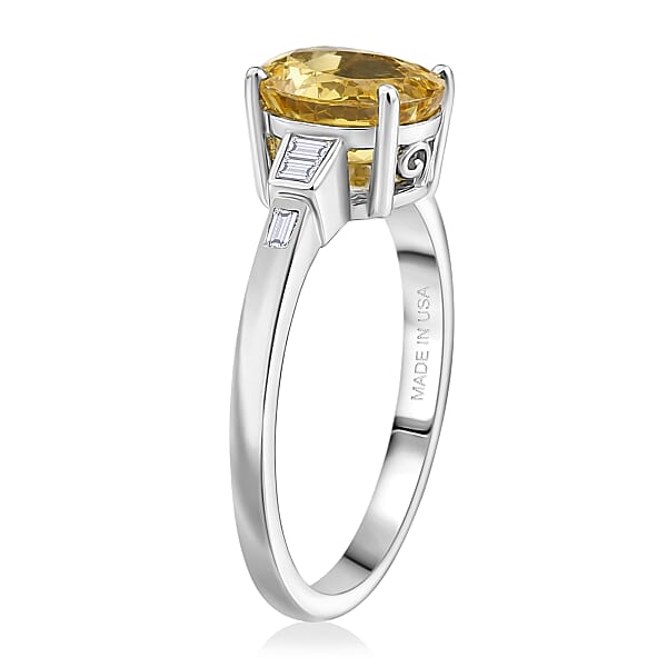 D'Joy Premium Golden Apatite And Moissanite 2.15 Ctw Lightframe Ring In Rhodium Over Sterling Silver