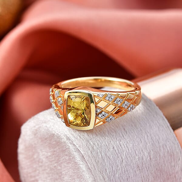 D'Joy Premium Golden Apatite And Moissanite 2.40 Ctw Men's Ring In 18K Vermeil Yellow Gold Over Sterling Silver