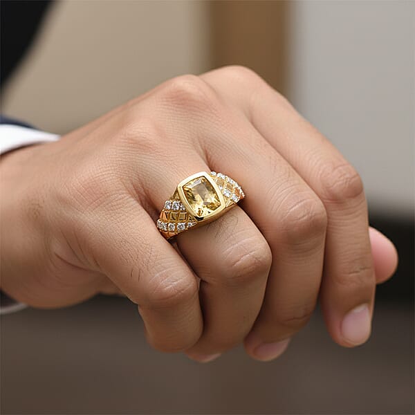 D'Joy Premium Golden Apatite And Moissanite 2.40 Ctw Men's Ring In 18K Vermeil Yellow Gold Over Sterling Silver
