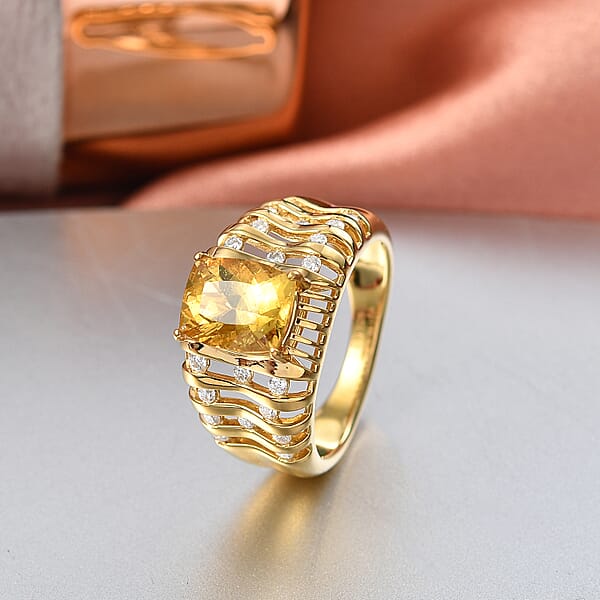 D'Joy Premium Golden Apatite And Moissanite 2.50 Ctw Solar Crest Ring In 18K Vermeil Yellow Gold Over Sterling Silver