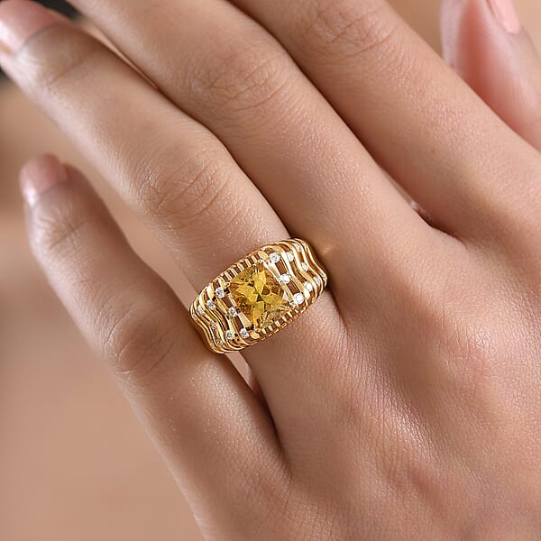 D'Joy Premium Golden Apatite And Moissanite 2.50 Ctw Solar Crest Ring In 18K Vermeil Yellow Gold Over Sterling Silver