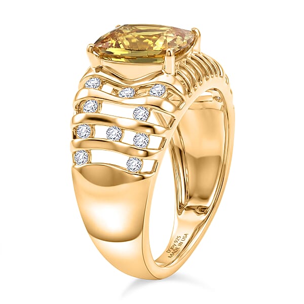 D'Joy Premium Golden Apatite And Moissanite 2.50 Ctw Solar Crest Ring In 18K Vermeil Yellow Gold Over Sterling Silver