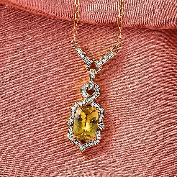D'Joy Premium Golden Apatite And Moissanite 7.60 Ctw Sunlit Solar-Ray Necklace In 18K Vermeil Yellow Gold Over Sterling Silver 18-20 Inches