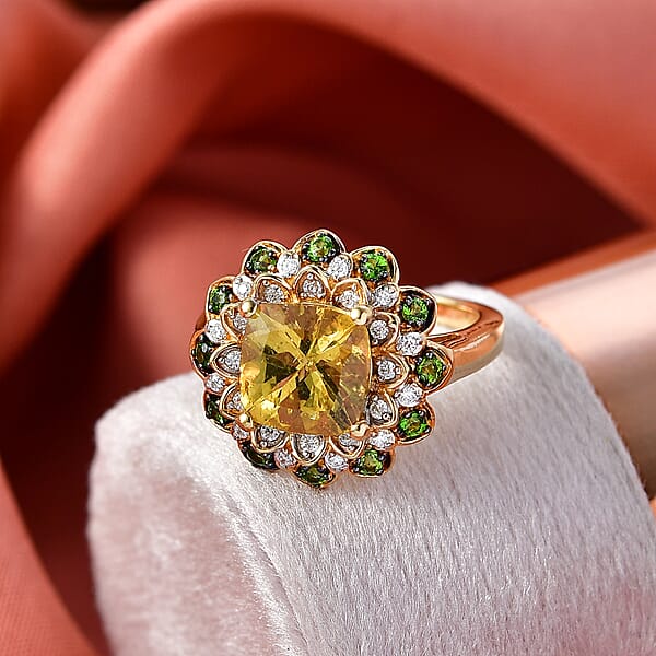 D'Joy Premium Golden Apatite And Multi Gemstone 3.85 Ctw Radiant Bloom Ring In 18K Vermeil Yellow Gold Over Sterling Silver