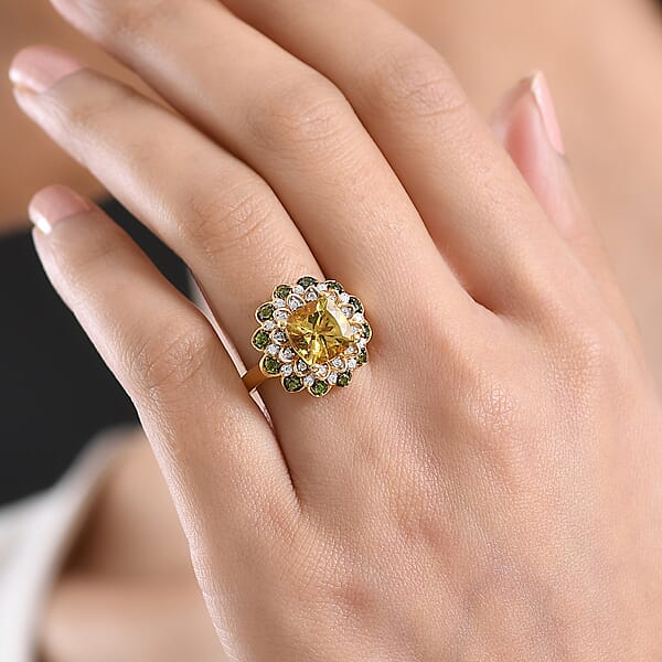 D'Joy Premium Golden Apatite And Multi Gemstone 3.85 Ctw Radiant Bloom Ring In 18K Vermeil Yellow Gold Over Sterling Silver