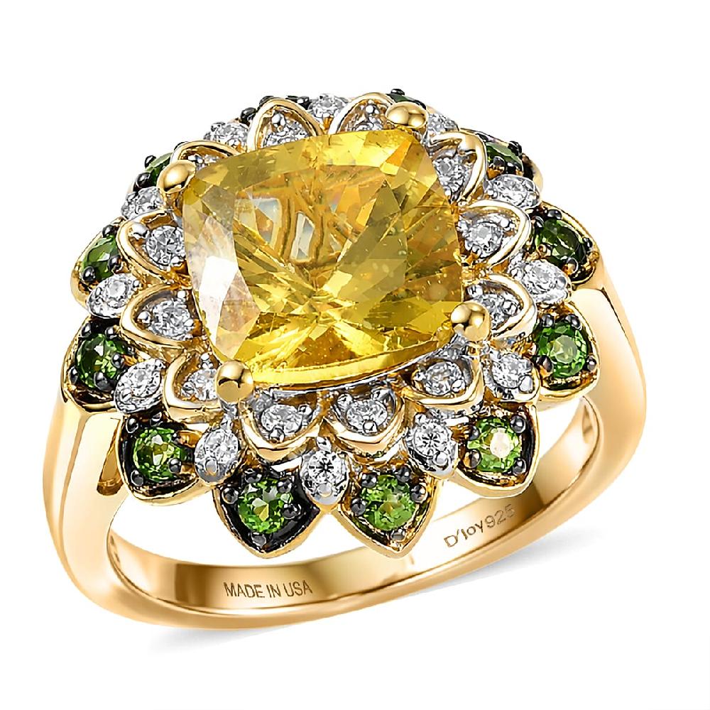 D'Joy Premium Golden Apatite and Multi Gemstone 3.85 ctw Radiant Bloom Ring in 18K Vermeil Yellow Gold Over Sterling Silver