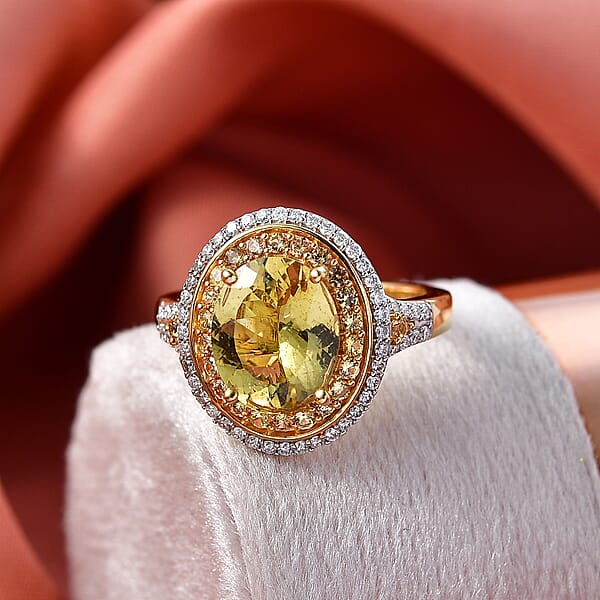D'Joy Premium Golden Apatite And Multi Gemstone 4.65 Ctw Crownlight Halo Ring In 18K Vermeil Yellow Gold Over Sterling Silver