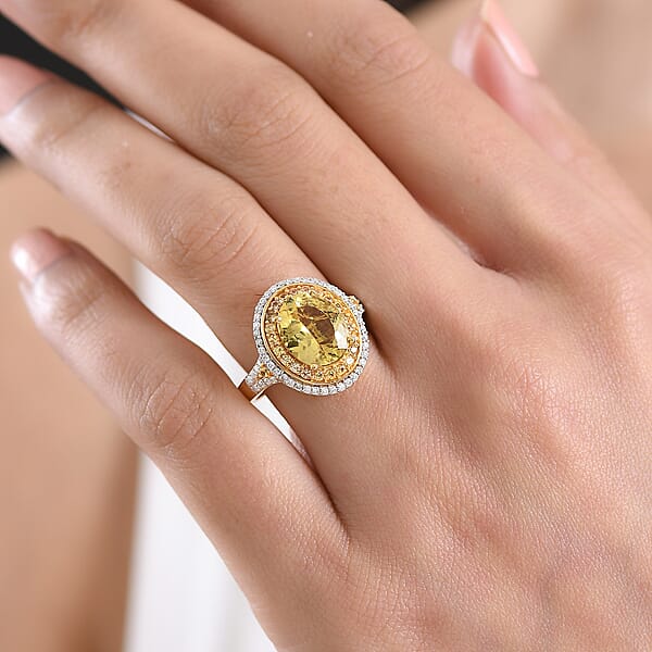 D'Joy Premium Golden Apatite And Multi Gemstone 4.65 Ctw Crownlight Halo Ring In 18K Vermeil Yellow Gold Over Sterling Silver