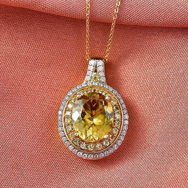 D'Joy Premium Golden Apatite And Multi Gemstone 4.60 Ctw Crownlight Halo Pendant Necklace In 18K Vermeil Yellow Gold Over Sterling Silver 20 Inches