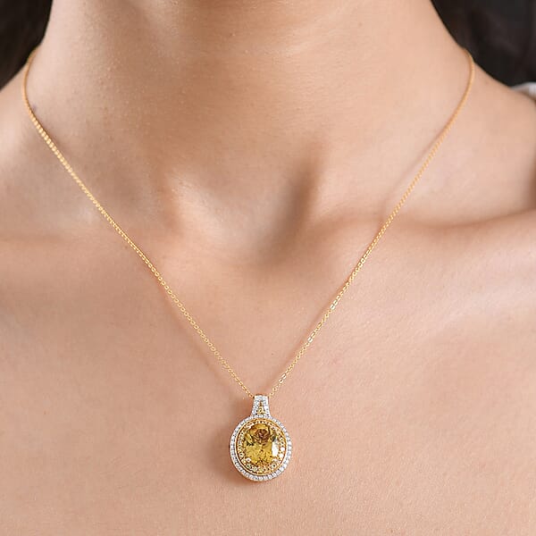 D'Joy Premium Golden Apatite And Multi Gemstone 4.60 Ctw Crownlight Halo Pendant Necklace In 18K Vermeil Yellow Gold Over Sterling Silver 20 Inches
