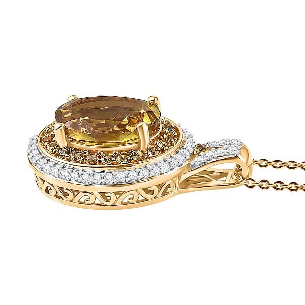 D'Joy Premium Golden Apatite And Multi Gemstone 4.60 Ctw Crownlight Halo Pendant Necklace In 18K Vermeil Yellow Gold Over Sterling Silver 20 Inches