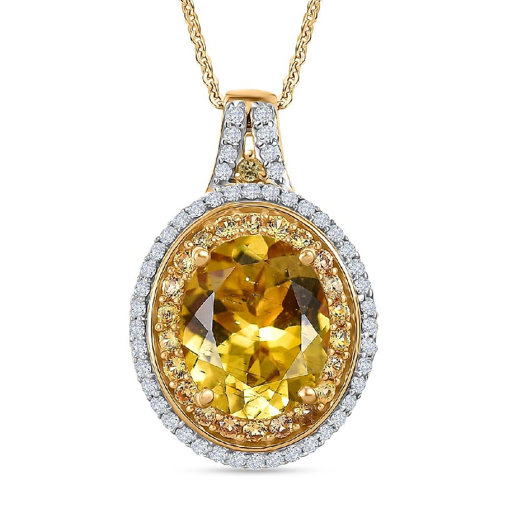 D'Joy Premium Golden Apatite and Multi Gemstone 4.60 ctw Crownlight Halo Pendant Necklace in 18K Vermeil Yellow Gold Over Sterling Silver 20 Inches