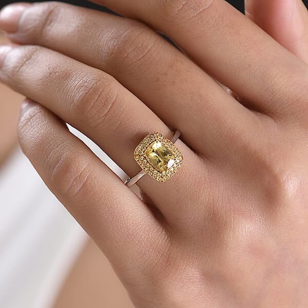 D'Joy Premium Golden Apatite And Yellow Sapphire 2.00 Ctw Golden Glowfield Ring In 18K Vermeil YG And Rhodium Over Sterling Silver