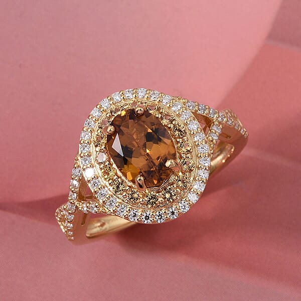 D'Joy Premium Golden Turkizite And Multi Gemstone 2.20 Ctw Radiant Halo Ring In 18K Vermeil Yellow Gold Over Sterling Silver