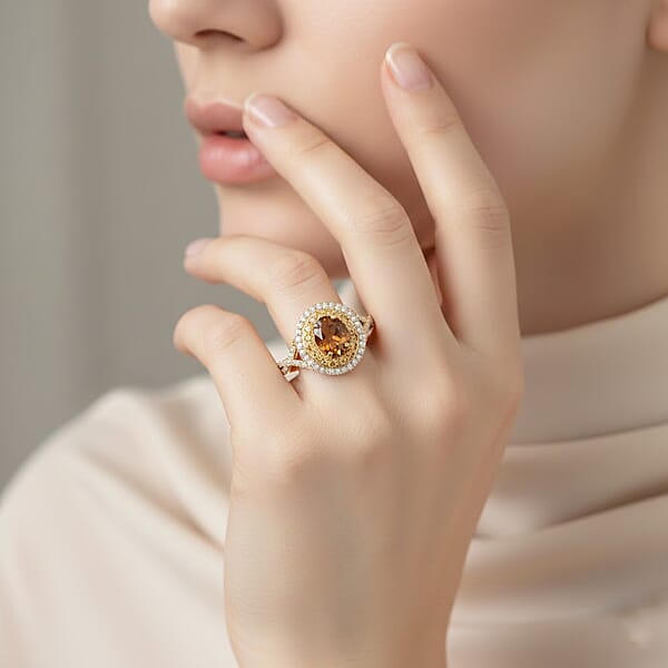 D'Joy Premium Golden Turkizite And Multi Gemstone 2.20 Ctw Radiant Halo Ring In 18K Vermeil Yellow Gold Over Sterling Silver