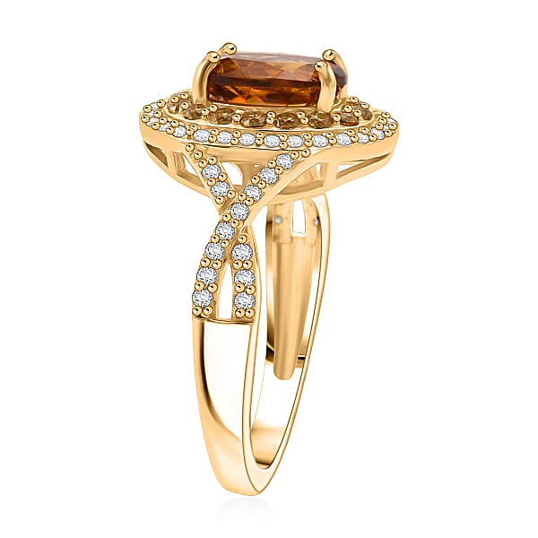 D'Joy Premium Golden Turkizite And Multi Gemstone 2.20 Ctw Radiant Halo Ring In 18K Vermeil Yellow Gold Over Sterling Silver