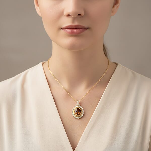 D'Joy Premium Golden Turkizite And Multi Gemstone 2.10 Ctw Radiant Halo Pendant Necklace In 18K Vermeil Yellow Gold Over Sterling Silver 20 Inches