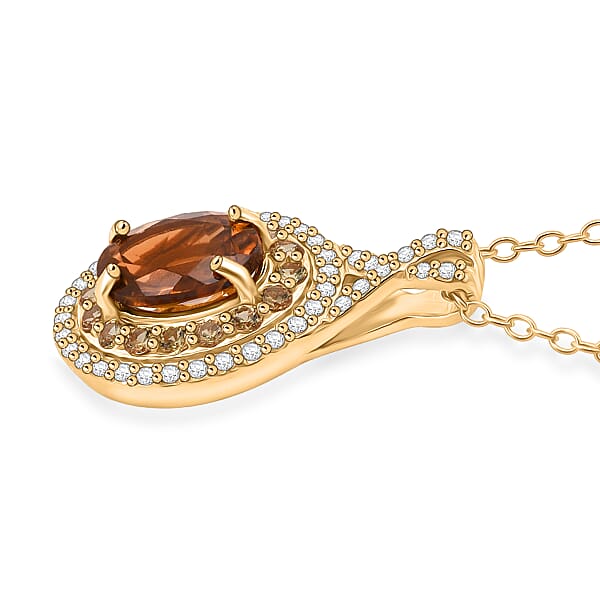 D'Joy Premium Golden Turkizite And Multi Gemstone 2.10 Ctw Radiant Halo Pendant Necklace In 18K Vermeil Yellow Gold Over Sterling Silver 20 Inches