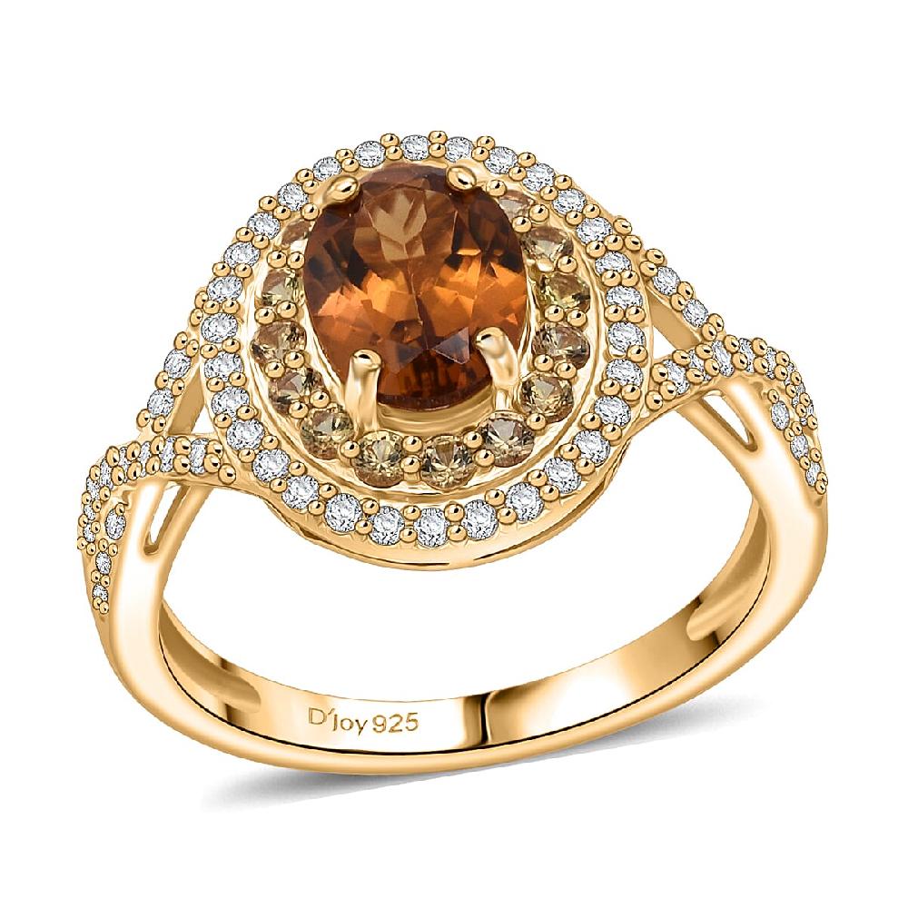 D'Joy Premium Golden Turkizite and Multi Gemstone 2.20 ctw Radiant Halo Ring in 18K Vermeil Yellow Gold Over Sterling Silver