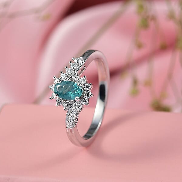 D'Joy Premium Grandidierite And Moissanite 0.70 Ctw Oceanic Waves Ring In Rhodium Over Sterling Silver