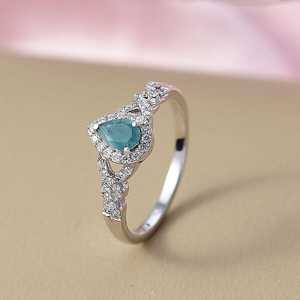 D'Joy Premium Grandidierite And Moissanite 0.75 Ctw Dew Drop Ring In Rhodium Over Sterling Silver
