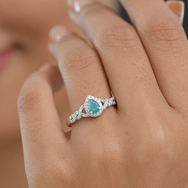D'Joy Premium Grandidierite And Moissanite 0.75 Ctw Dew Drop Ring In Rhodium Over Sterling Silver