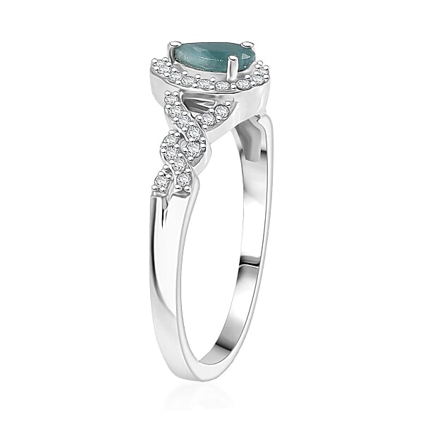 D'Joy Premium Grandidierite And Moissanite 0.75 Ctw Dew Drop Ring In Rhodium Over Sterling Silver