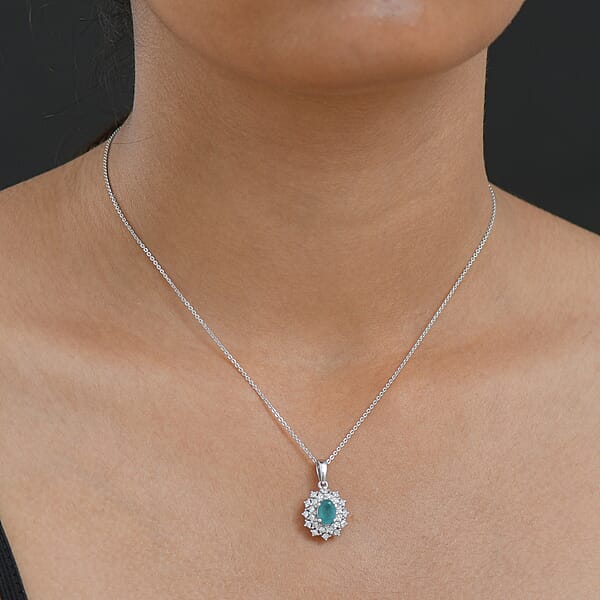 D'Joy Premium Grandidierite And Moissanite 1.40 Ctw Art Deco Pendant Necklace In Rhodium Over Sterling Silver 20 Inches