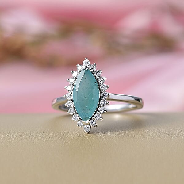 D'Joy Premium Grandidierite And Moissanite 2.10 Ctw Art Deco Halo Ring In Rhodium Over Sterling Silver