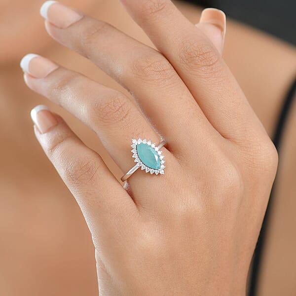 D'Joy Premium Grandidierite And Moissanite 2.10 Ctw Art Deco Halo Ring In Rhodium Over Sterling Silver