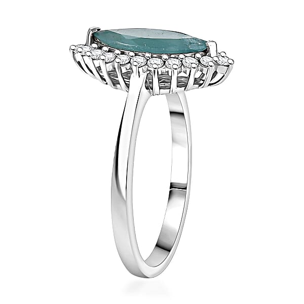 D'Joy Premium Grandidierite And Moissanite 2.10 Ctw Art Deco Halo Ring In Rhodium Over Sterling Silver