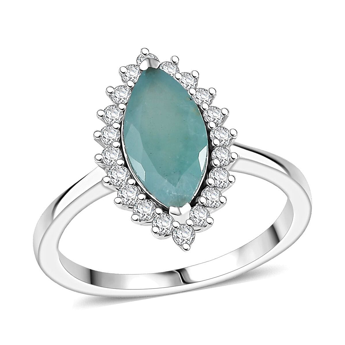 D'Joy Premium Grandidierite and Moissanite 2.10 ctw Art Deco Halo Ring in Rhodium Over Sterling Silver