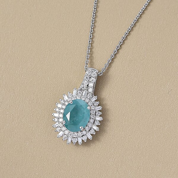 D'Joy Premium Grandidierite And Moissanite 2.40 Ctw Sunburst Halo Pendant Necklace In Rhodium Over Sterling Silver 20 Inches