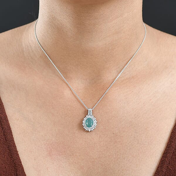 D'Joy Premium Grandidierite And Moissanite 2.40 Ctw Sunburst Halo Pendant Necklace In Rhodium Over Sterling Silver 20 Inches