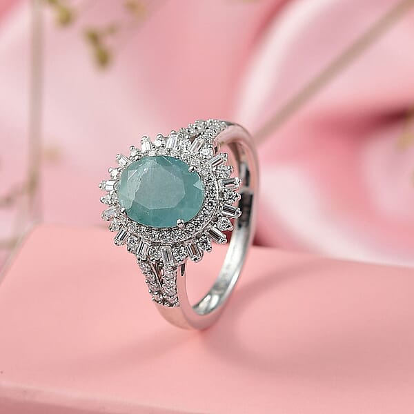 D'Joy Premium Grandidierite And Moissanite 2.50 Ctw Sunburst Halo Ring In Rhodium Over Sterling Silver