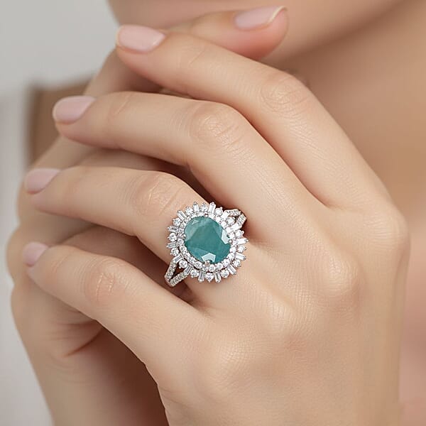 D'Joy Premium Grandidierite And Moissanite 2.50 Ctw Sunburst Halo Ring In Rhodium Over Sterling Silver