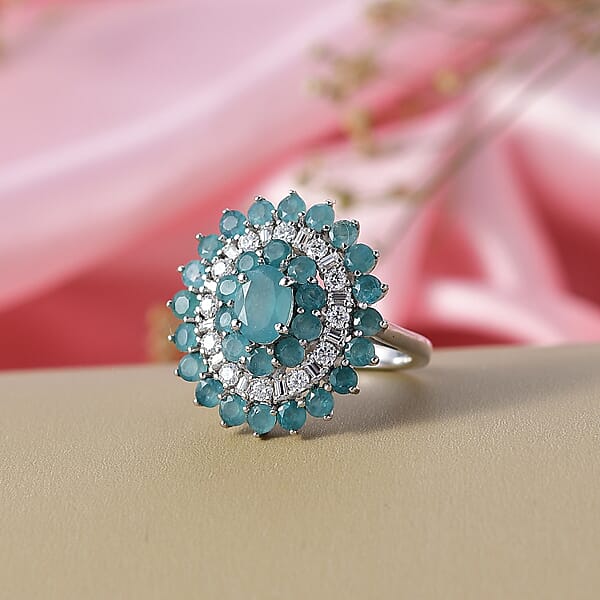 D'Joy Premium Grandidierite And Moissanite 3.70 Ctw Celestial Bloom Ring In Rhodium Over Sterling Silver