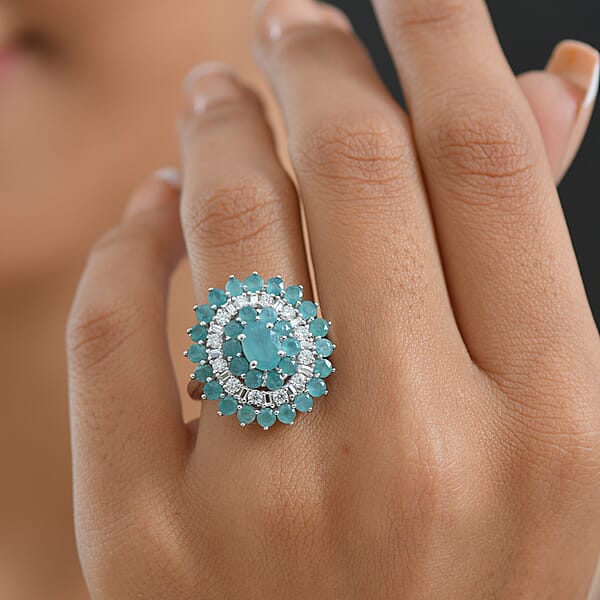 D'Joy Premium Grandidierite And Moissanite 3.70 Ctw Celestial Bloom Ring In Rhodium Over Sterling Silver
