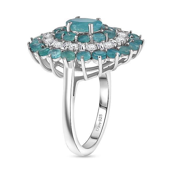 D'Joy Premium Grandidierite And Moissanite 3.70 Ctw Celestial Bloom Ring In Rhodium Over Sterling Silver