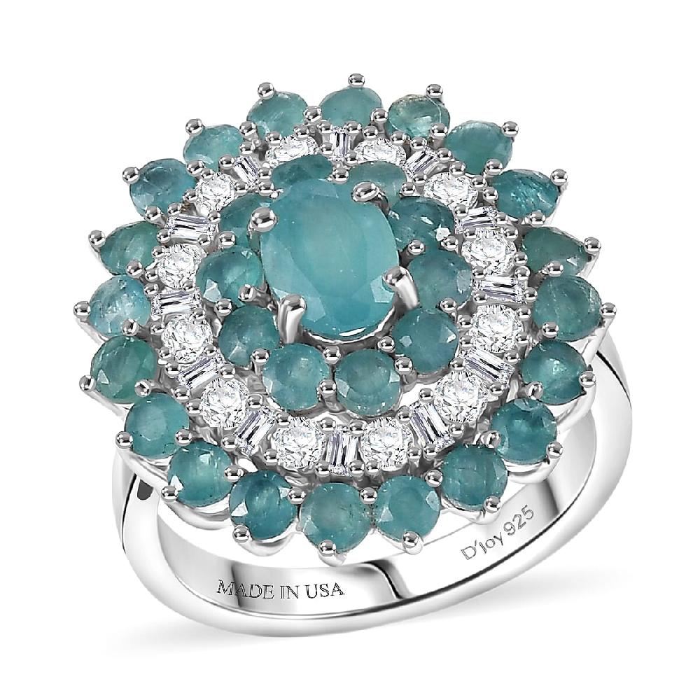D'Joy Premium Grandidierite and Moissanite 3.70 ctw Celestial Bloom Ring in Rhodium Over Sterling Silver