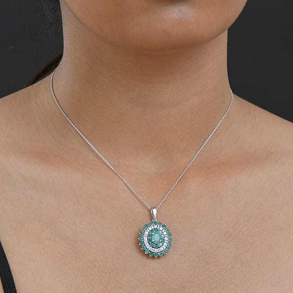 D'Joy Premium Grandidierite And Moissanite 3.90 Ctw Celestial Bloom Pendant Necklace In Rhodium Over Sterling Silver 20 Inches