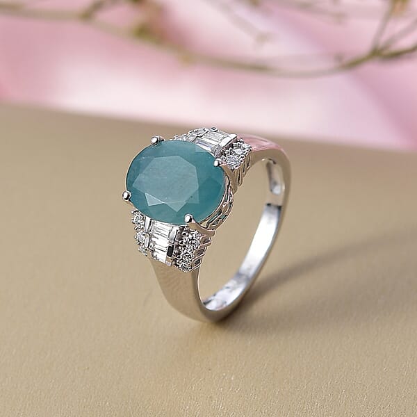 D'Joy Premium Grandidierite And Moissanite 4.35 Ctw Art Deco Ring In Rhodium Over Sterling Silver