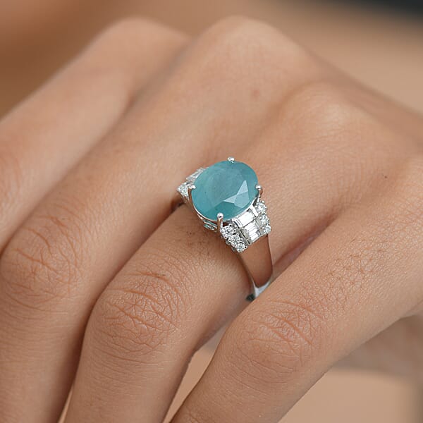 D'Joy Premium Grandidierite And Moissanite 4.35 Ctw Art Deco Ring In Rhodium Over Sterling Silver