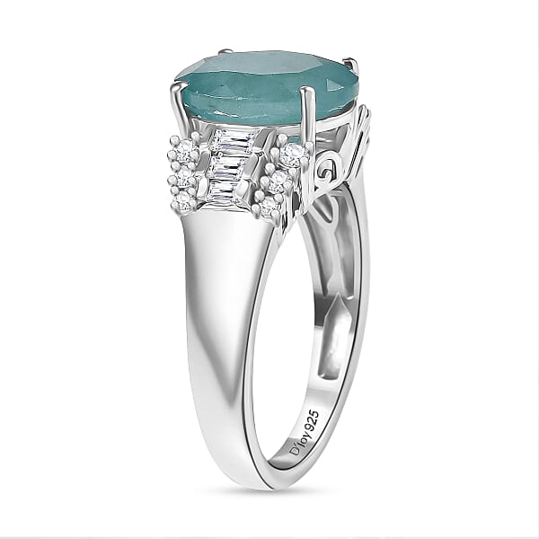 D'Joy Premium Grandidierite And Moissanite 4.35 Ctw Art Deco Ring In Rhodium Over Sterling Silver